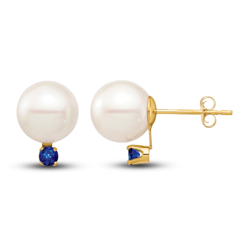 Freshwater Cultured Pearl & Natural Blue Sapphire Stud Earrings 14K Yellow Gold