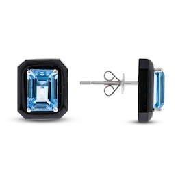 Natural Swiss Blue Topaz & Natural Black Onyx Stud Earrings 14K White Gold