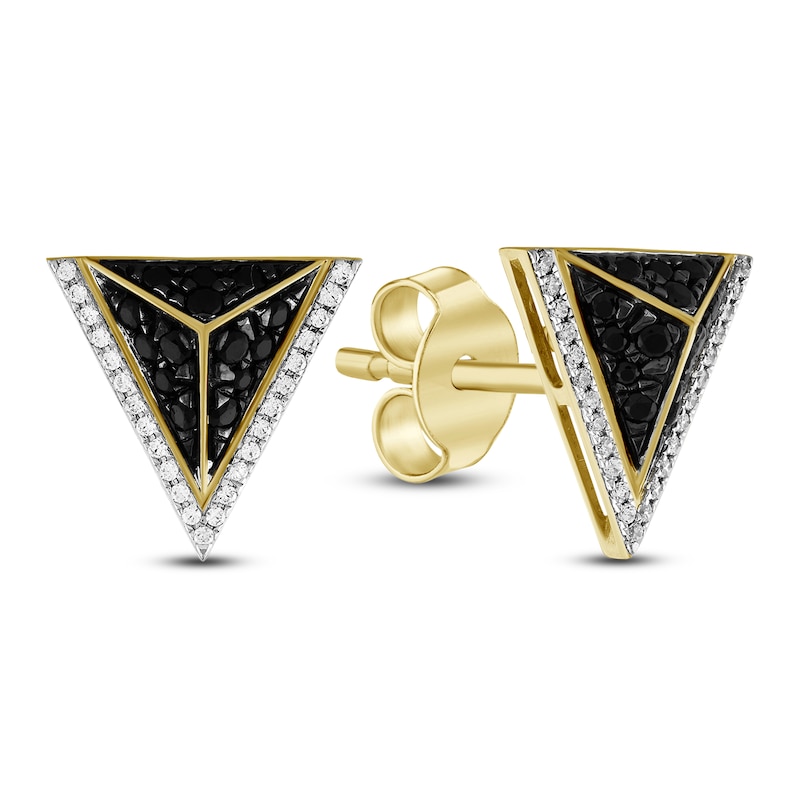 Main Image 1 of Men's Black & White Diamond Pyramid Stud Earrings 1/2 ct tw 10K Yellow Gold