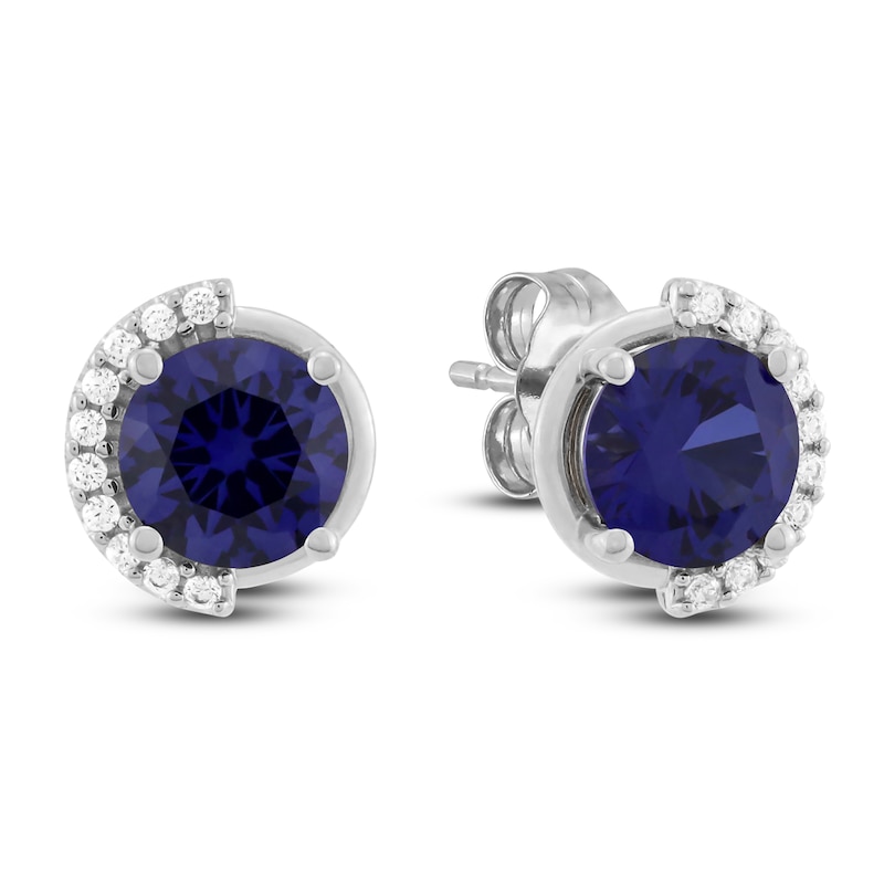 Main Image 2 of Blue Lab-Created Sapphire & Diamond Stud Earrings 1/10 ct tw 10K White Gold