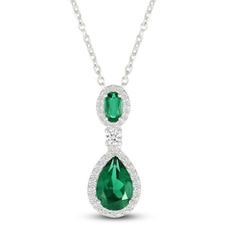 Oval-Cut & Pear-Shaped Lab-Created Emerald & White Lab-Created Sapphire Drop Necklace Sterling Silver 18&quot;