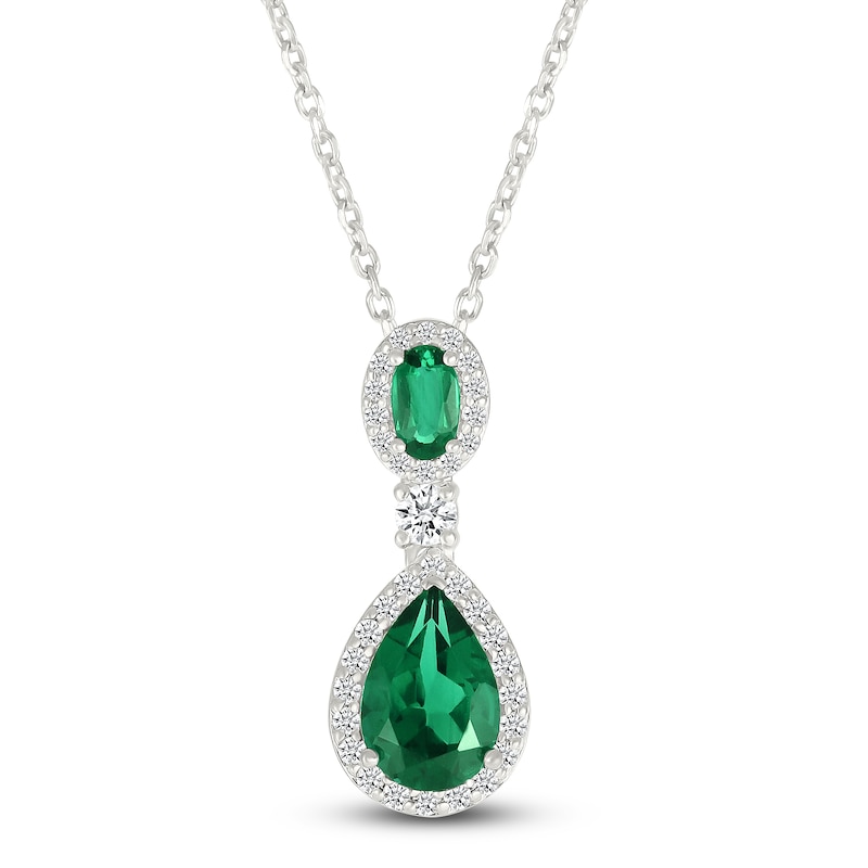 Oval-Cut & Pear-Shaped Lab-Created Emerald & White Lab-Created Sapphire Drop Necklace Sterling Silver 18"