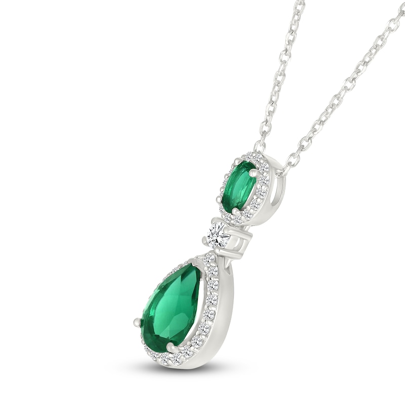 Oval-Cut & Pear-Shaped Lab-Created Emerald & White Lab-Created Sapphire Drop Necklace Sterling Silver 18"