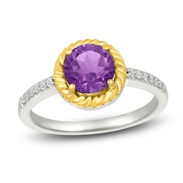 Natural Amethyst & White Lab-Created Sapphire Rope Twist Ring Sterling Silver & 10K Yellow Gold