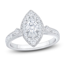 Baguette & Round-Cut Multi-Diamond Marquise-Shaped Fashion Ring 3/4 ct tw 14K White Gold