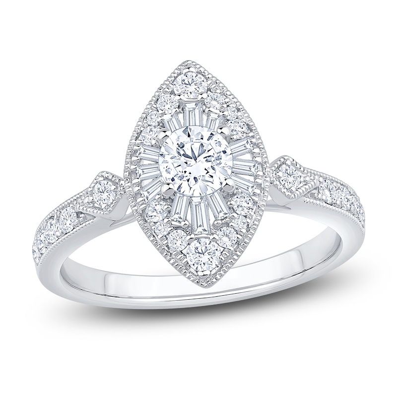 Baguette & Round-Cut Multi-Diamond Marquise-Shaped Fashion Ring 3/4 ct tw 14K White Gold