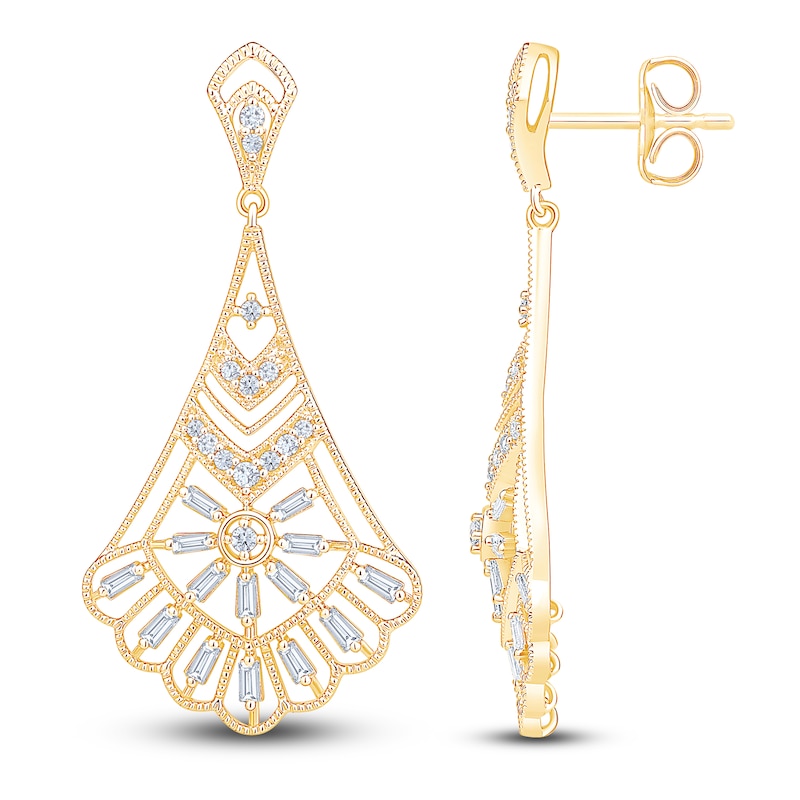 Main Image 1 of Vintage-Inspired Baguette & Round-Cut Diamond Chandelier Earrings 1/2 ct tw 14K Yellow Gold