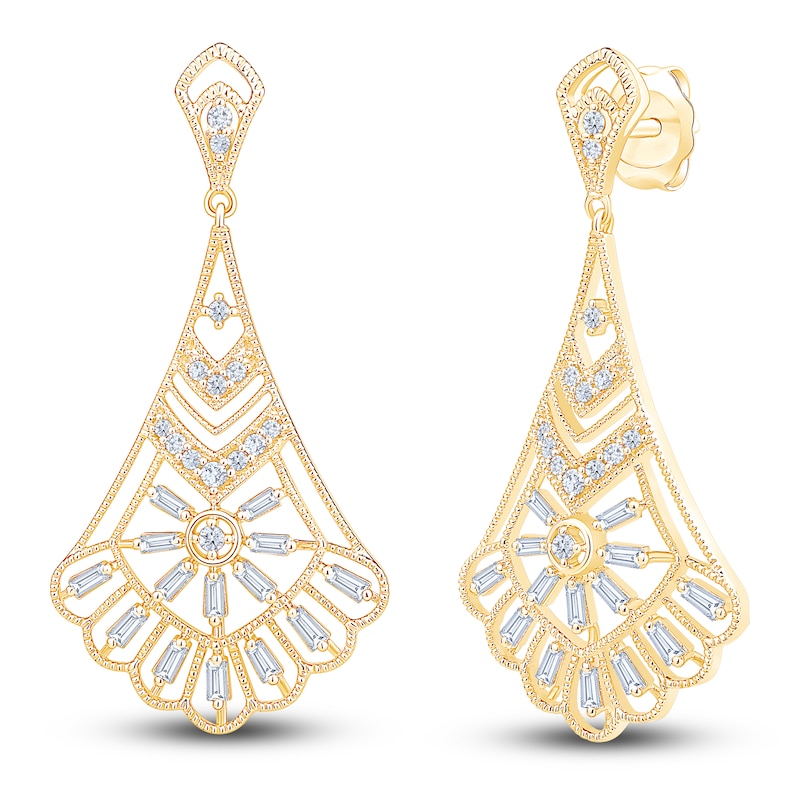 Main Image 2 of Vintage-Inspired Baguette & Round-Cut Diamond Chandelier Earrings 1/2 ct tw 14K Yellow Gold