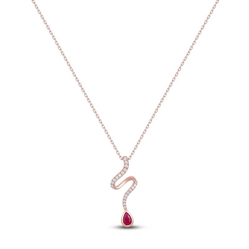 Pear-Shaped Natural Ruby & Diamond Ribbon Necklace 1/4 ct tw 14K Rose Gold 18"