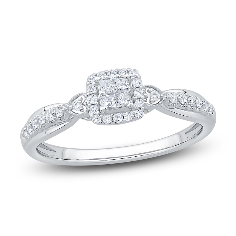 Main Image 1 of Princess-Cut Quad Diamond Cushion Halo Promise Ring 1/4 ct tw 10K White Gold