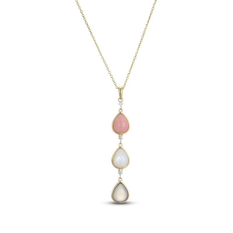 Main Image 1 of Pear-Shaped Natural Pink Opal, Natural Mother-of-Pearl & Natural Moonstone Necklace 1/20 ct tw Diamonds 14K Yellow Gold 18&quot;