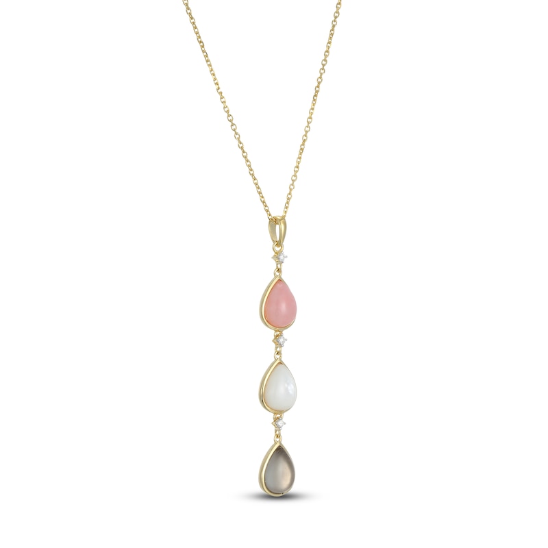 Main Image 2 of Pear-Shaped Natural Pink Opal, Natural Mother-of-Pearl & Natural Moonstone Necklace 1/20 ct tw Diamonds 14K Yellow Gold 18&quot;