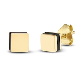 Square Stud Earrings Black Enamel 14K Yellow Gold