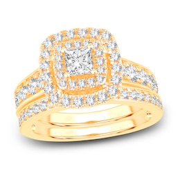 Diamond Double Halo Bridal Set 1-1/2 ct tw Princess/Round 14K Yellow Gold