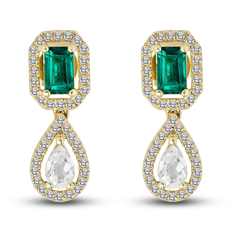 Lab-Created Emerald & White Lab-Created Sapphire Earrings 10K Yellow Gold