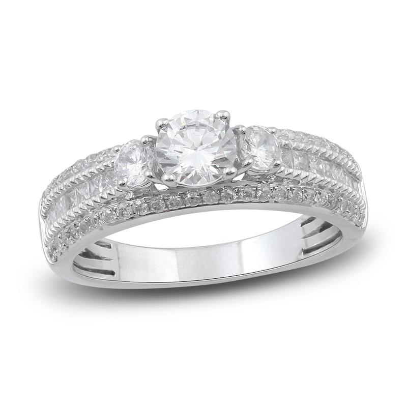 Main Image 1 of Diamond 3-Stone Engagement Ring 1-1/4 ct tw Round/Princess 14K White Gold