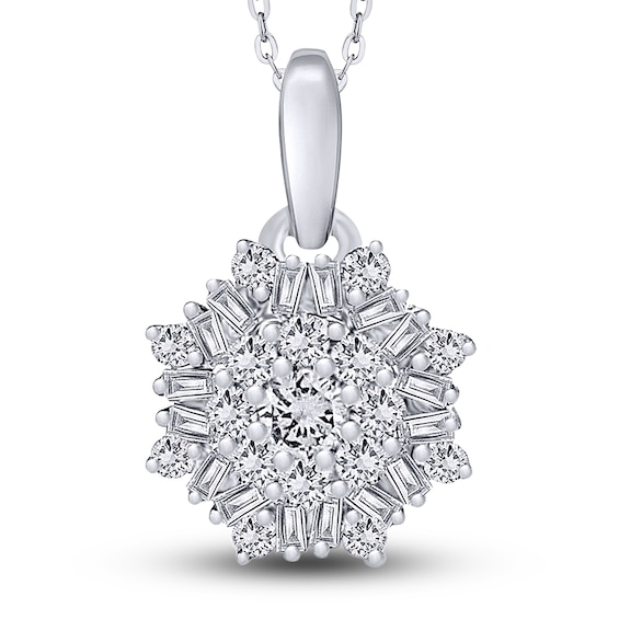 Diamond Pendant Necklace 3/8 ct tw Round/Baguette 14K White Gold 18 ...