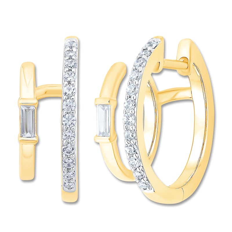 Main Image 1 of Diamond Stacked Hoop Earrings 1/4 ct tw Baguette/Round 14K Yellow Gold