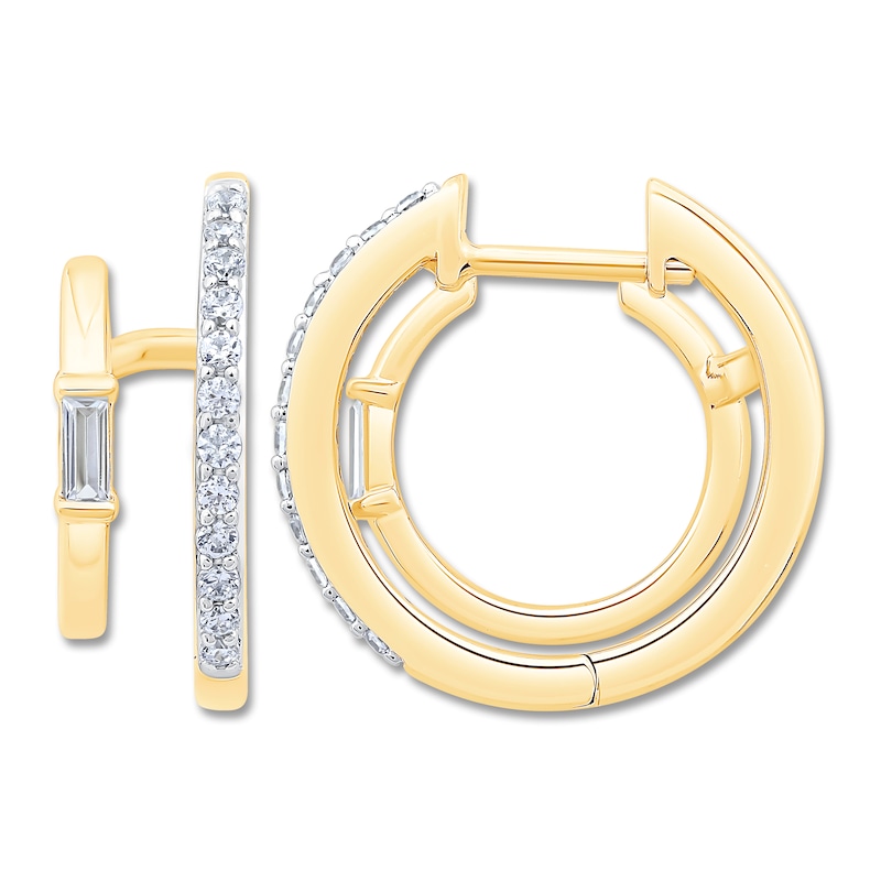 Main Image 2 of Diamond Stacked Hoop Earrings 1/4 ct tw Baguette/Round 14K Yellow Gold