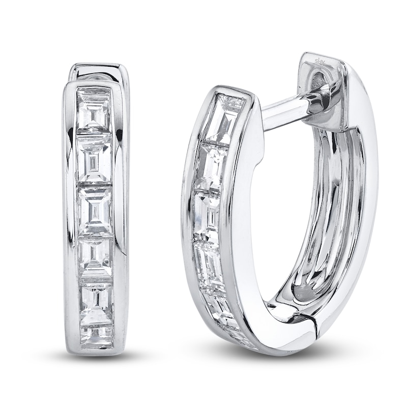 Shy Creation Diamond Huggie Hoop Earrings 1/4 ct tw Baguette 14K White Gold SC55009021V2