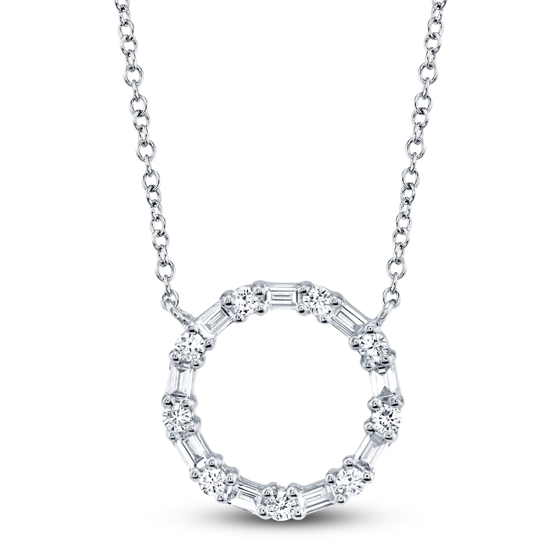 Shy Creation Baguette & Round-Cut Diamond Circle Necklace 1/4 ct tw 14K White Gold 18" SC55008725