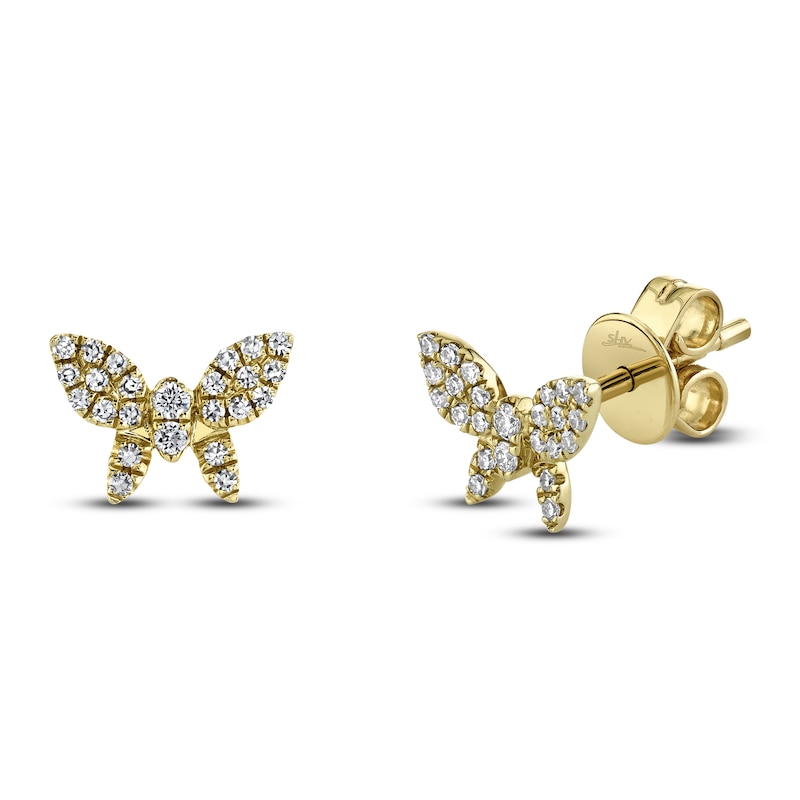 Shy Creation Diamond Butterfly Stud Earrings 1/8 ct tw 14K Yellow Gold SC55006751V2