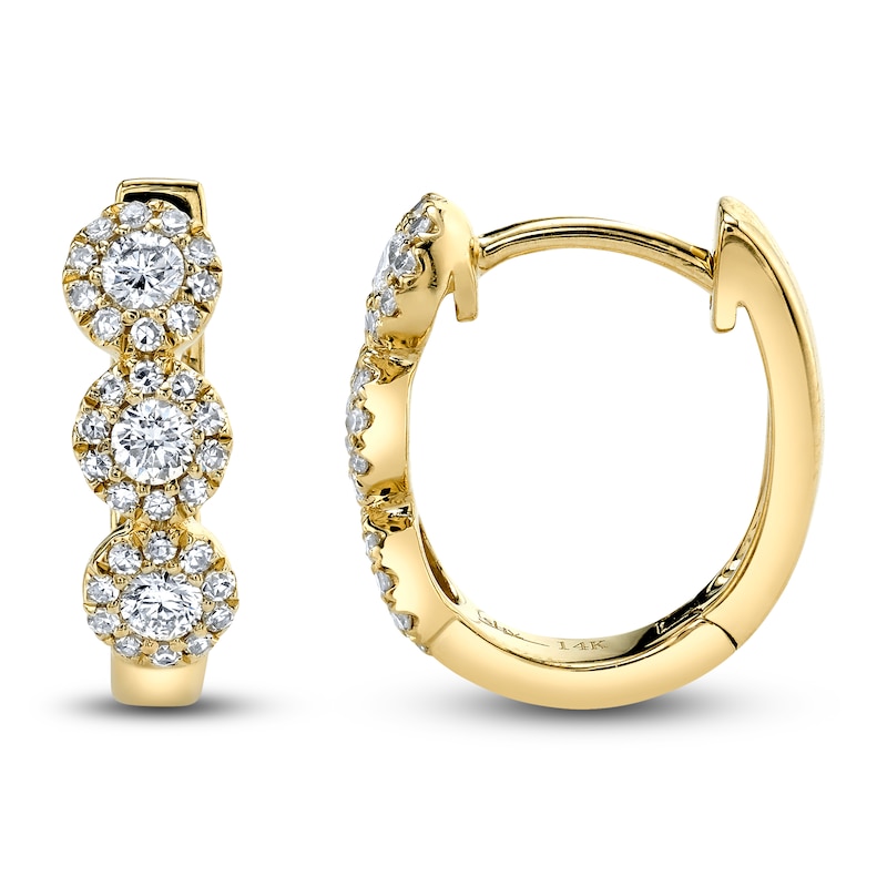 Shy Creation Diamond Three-Stone Halo Hoop Earrings 1/3 ct tw 14K Yellow Gold J-SC55002491