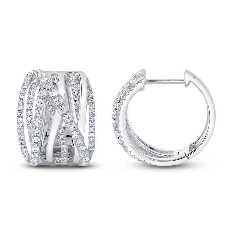 Main Image 1 of Shy Creation Diamond Crossover Huggie Hoop Earrings 3/4 ct tw 14K White Gold J-SC55025347D0.65