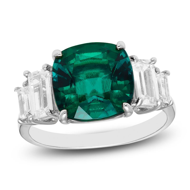 Cushion-Cut Lab-Created Emerald & Baguette-Cut White Sapphire Ring Sterling Silver