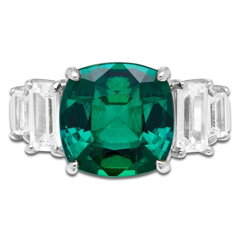 Cushion-Cut Lab-Created Emerald & Baguette-Cut White Lab-Created Sapphire Ring Sterling Silver