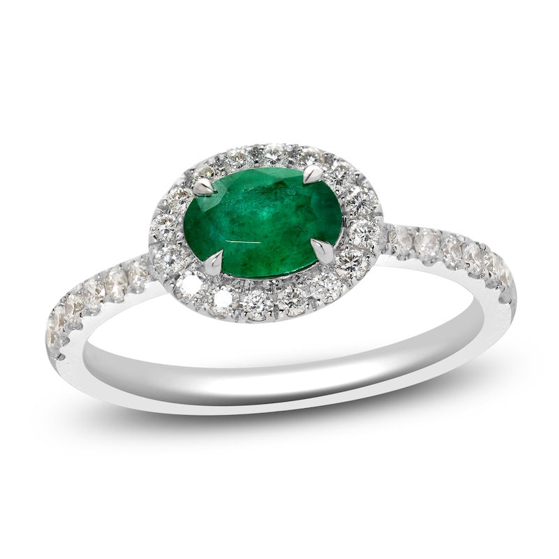 Main Image 1 of Oval-Cut Natural Emerald & Diamond Halo Fashion Ring 3/8 ct tw 14K White Gold