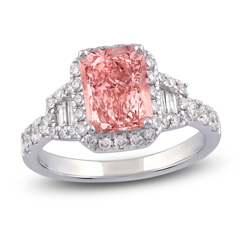 Main Image 1 of Radiant-Cut Pink Lab-Created Diamond and White Lab-Created Diamond Engagement Ring 2-3/4 ct tw 14K White Gold