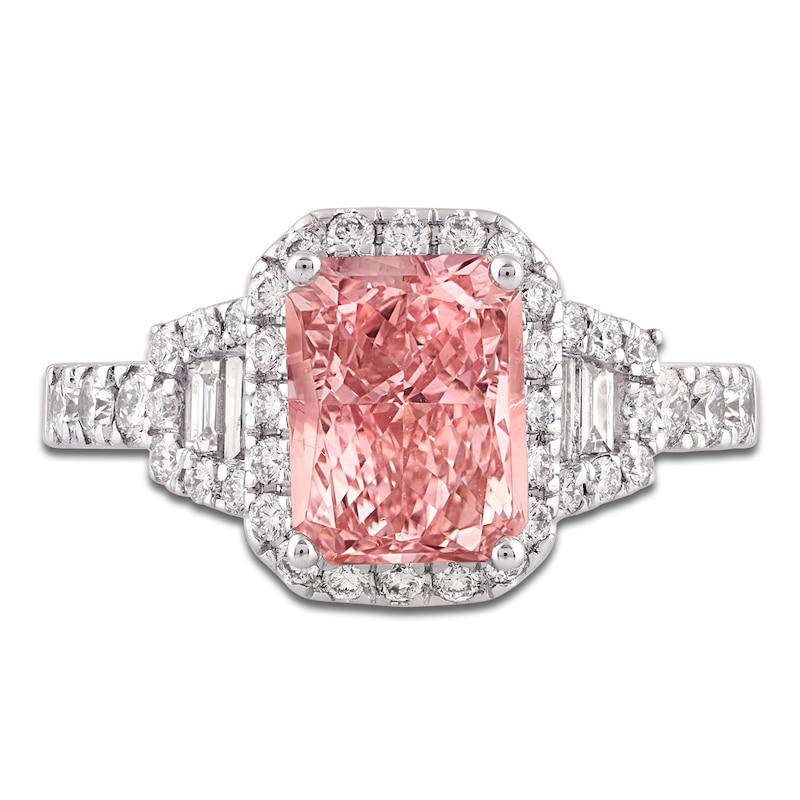 Main Image 3 of Radiant-Cut Pink Lab-Created Diamond and White Lab-Created Diamond Engagement Ring 2-3/4 ct tw 14K White Gold