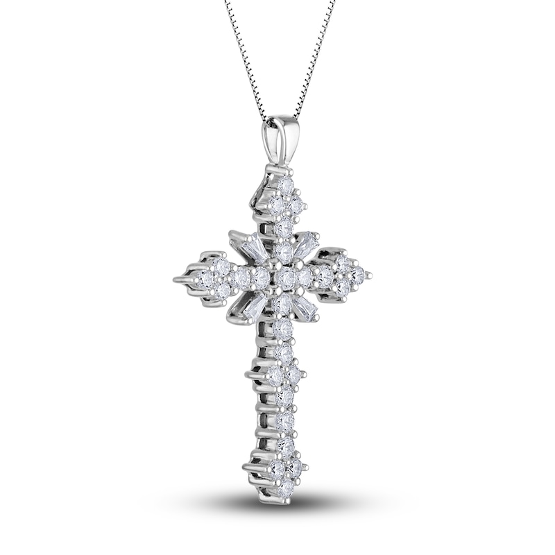 Main Image 2 of Diamond Cross Pendant Necklace 1 ct tw Round/Baguette 14K White Gold 18&quot;