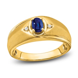 Men's Natural Blue Sapphire Ring Diamond Accents 14K Yellow Gold