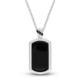 Y-Knot Men's Black Enamel Diamond Dog Tag Necklace 1/20 ct tw Round Sterling Silver 22&quot;