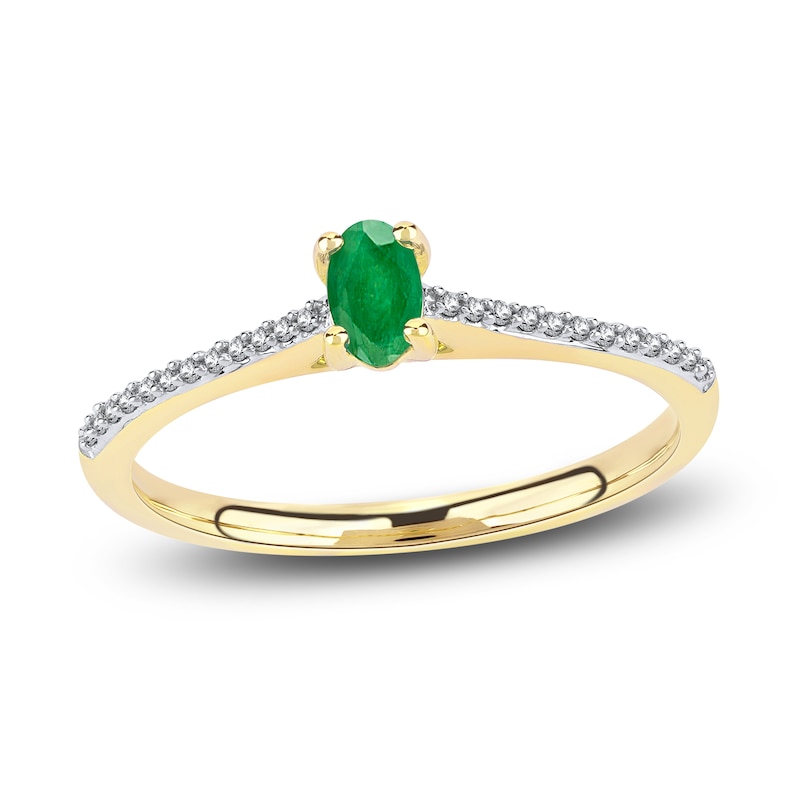 Oval-Cut Natural Emerald & Diamond Ring 1/15 ct tw 14K Yellow Gold