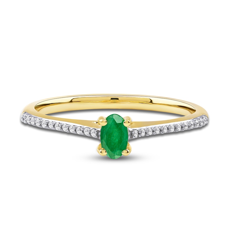 Oval-Cut Natural Emerald & Diamond Ring 1/15 ct tw 14K Yellow Gold