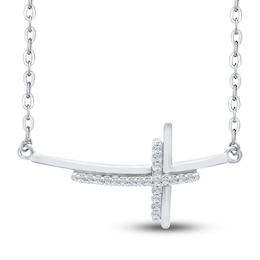 Diamond Double Cross Pendant Necklace 1/10 ct tw Round 14K White Gold 18&quot;