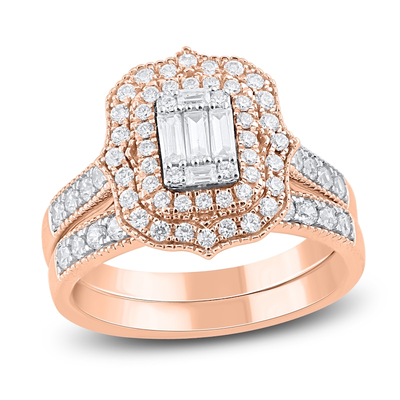 Main Image 1 of Round & Baguette-Cut Diamond Bridal Set 1 ct tw 14K Rose Gold