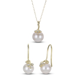 Cultured Pearl & Diamond Leaf Gift Set 1/20 ct tw 10K Yellow Gold