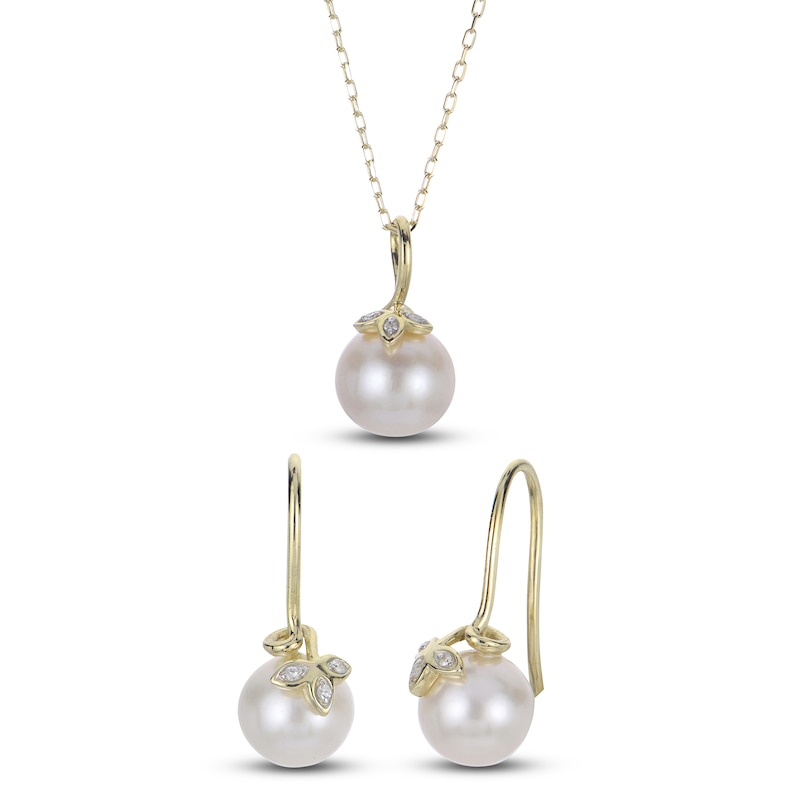 Main Image 1 of Cultured Pearl & Diamond Leaf Gift Set 1/20 ct tw 10K Yellow Gold