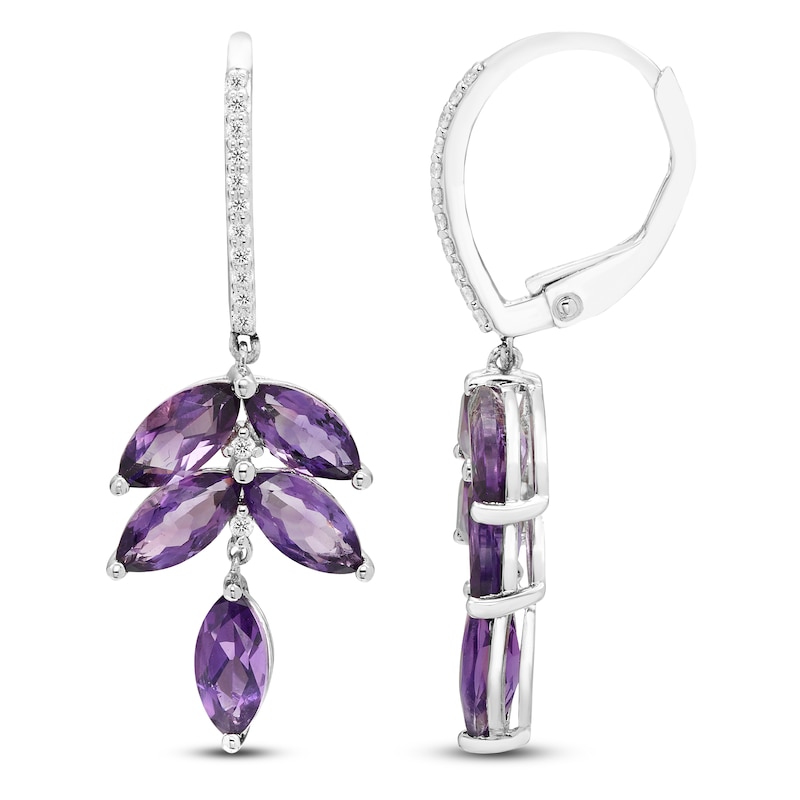 Main Image 1 of Marquise-Cut Natural Amethyst & Diamond Drop Earrings 1/8 ct tw 10K White Gold