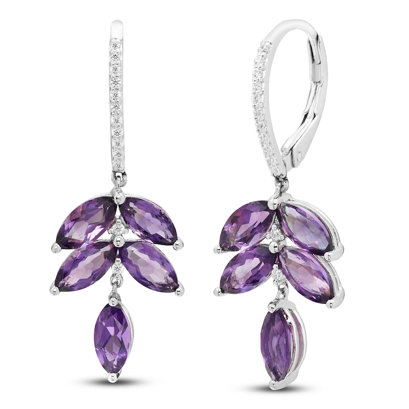 Main Image 2 of Marquise-Cut Natural Amethyst & Diamond Drop Earrings 1/8 ct tw 10K White Gold