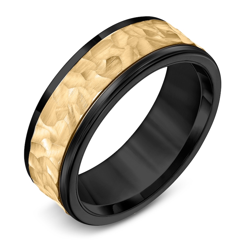 Men's Hammered Wedding Band 14K Yellow Gold & Black Tungsten Carbide 8mm