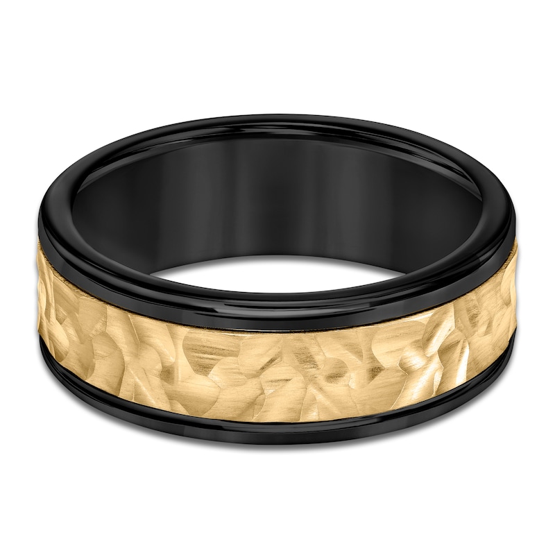 Men's Hammered Wedding Band 14K Yellow Gold & Black Tungsten Carbide 8mm