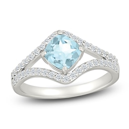 Cushion-Cut Natural Aquamarine & White Lab-Created Sapphire Ring Sterling Silver