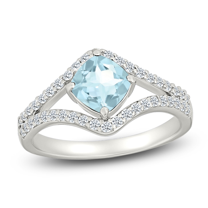 Main Image 1 of Cushion-Cut Natural Aquamarine & White Lab-Created Sapphire Ring Sterling Silver