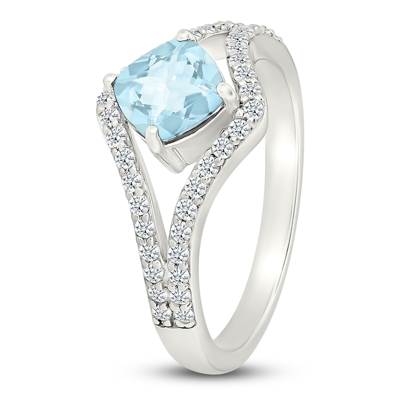 Main Image 2 of Cushion-Cut Natural Aquamarine & White Lab-Created Sapphire Ring Sterling Silver