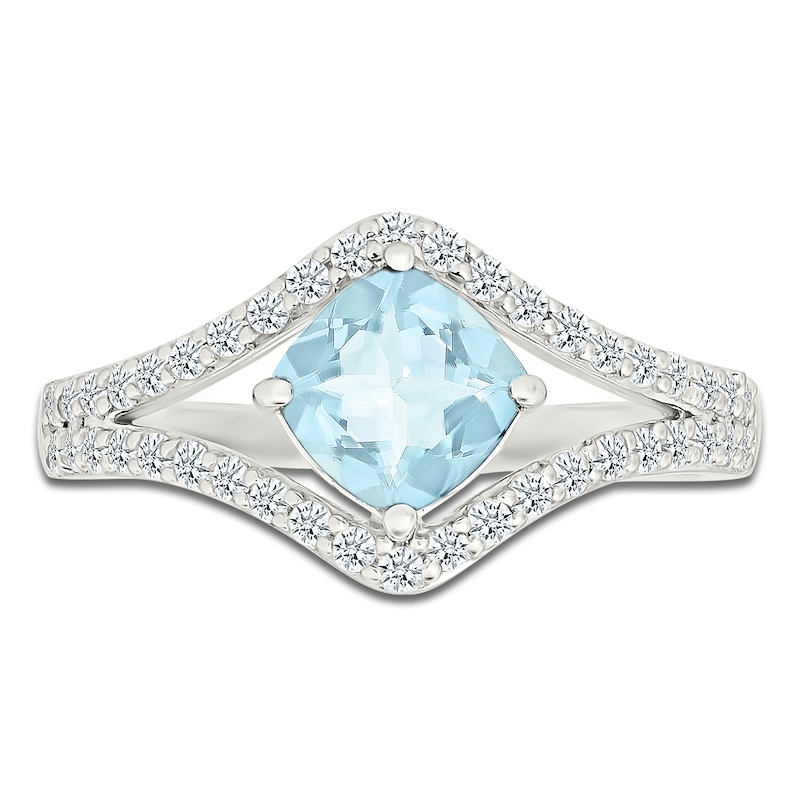 Main Image 3 of Cushion-Cut Natural Aquamarine & White Lab-Created Sapphire Ring Sterling Silver